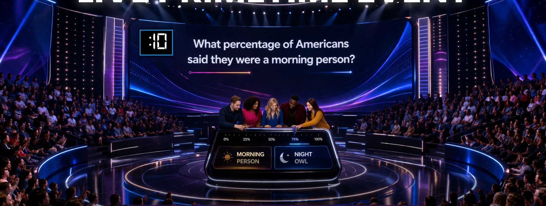 Party Polls Live — two teams on a primetime arena stage, the audience around them and the question on the big screen