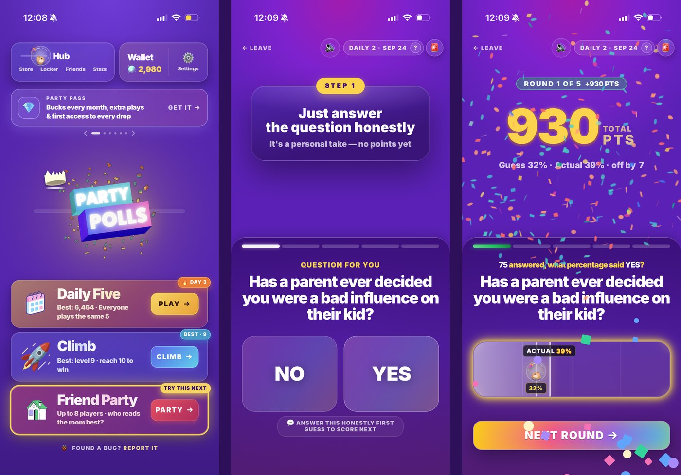 Party Polls on three phones — the home screen hosted by Hunter March, a live question, and a locked-in answer